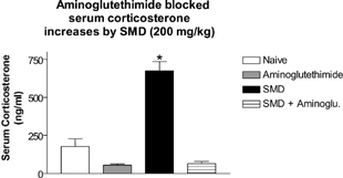 FIG. 6 Aminoglutethimide blocked serum corticosterone up-regulation by SMD. Mice were pretreated with aminoglutethimide for 1 hour before SMD administration. SMD was administered (200 mg/kg) by oral gavage. After 1 hour, trunk blood was collected and serum was analyzed by RIA for serum corticosterone. N = 5 per group. Asterisks (*) indicate significant difference from naïve control (p < 0.05).