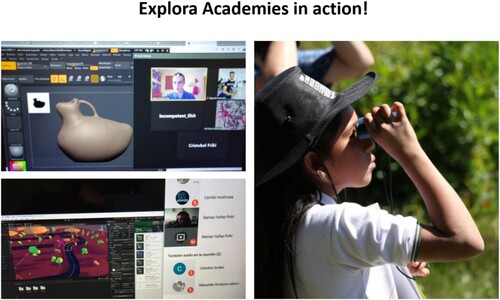 Figure 3. Sample of academies doing research. Left side, academies held in 2020 working in a 3D modeling of Mapuche artifacts (upper panel) and in a virtual reality environment (lower panel). Right, a student in a fieldtrip gathering observational biological data.