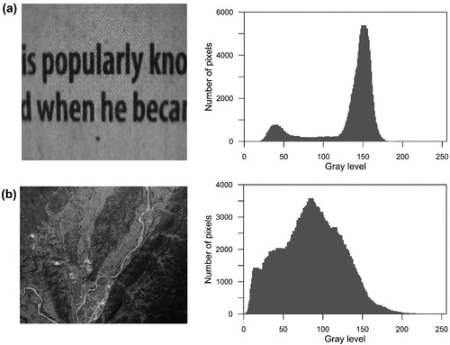 Figure 1. Histogram of different image sources. (a) document image with homogeneous background and uniform illumination (Image from Wen et al. Citation2013). (b) remote sensing image with inhomogeneous background and complex illumination (Image was taken after Ms 7.0 Lushan earthquake in April 20, 2013).