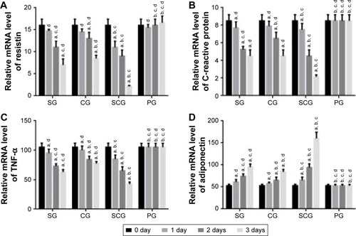 Figure 5 Real-time qPCR analysis of relative mRNA levels of (A) resistin, (B) C-reactive protein, (C) TNF-α, and (D) adiponectin between SCG and SG groups in human pancreatic cancer cell lines 3T3-L1 and 3T3-F442A.