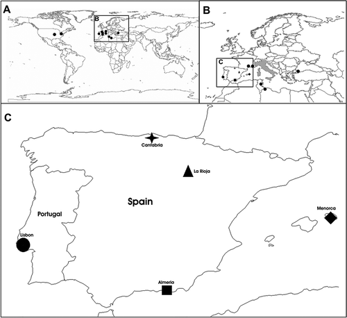 Figure 1. Introduced populations and native range of Podarcis sicula. A, introduced populations in the World – United States, North Africa and Europe (black dots); B, introduced populations in Europe (black) and native range (grey); C, introduced populations in the Iberian Peninsula and Menorca.