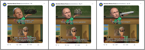 Figure 1. Pro-Ukraine memes using the “This is Ultra Lord” memetic template to mock the rhetoric of Olaf Scholz (left), the Chancellor of Germany, not sending promised aid to Ukraine, and Vladimir Putin (center and right), President of Russia, for using war-like rhetoric in his speeches. Each posting has more than 8,000 likes and 500 retweets.