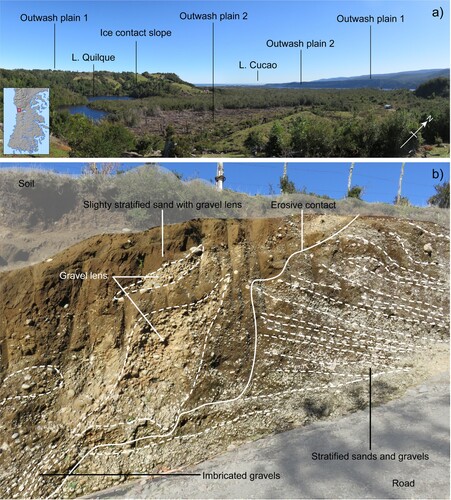 Figure 5. (a) Overview of the sequence of outwash plains nearby Lago Cucao and ice-contact slope of Lago Quilque (Figure 1(c)). (b) Detail of a stratigraphic exposure at the culmination of the Lago Quilque ice-contact slope.