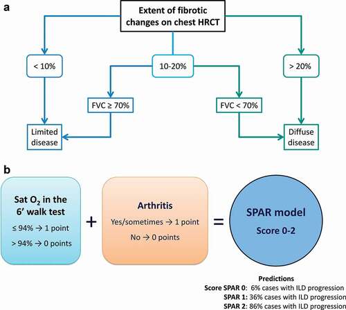 Figure 1. Proposed algorithms to stratify the prognosis of patients with interstitial lung disease associated with systemic sclerosis (SSc-ILD). (a). Algorithm proposed by Goh et al. [Citation58] (b). SPAR model [Citation59] FVC, forced vital capacity; HRCT, high-resolution computed tomography.