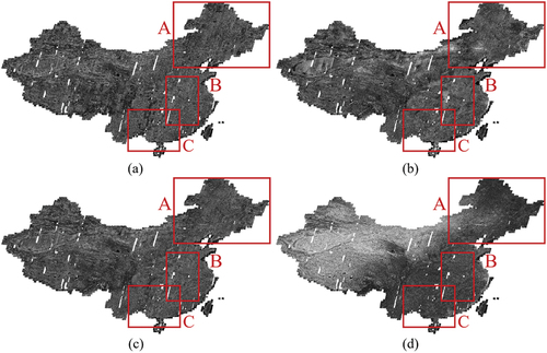 Figure 10. Experimental results on the CHINA dataset. (a) input images; (b) and (c) results corrected by the BARN and GTA methods, respectively; (d) the result generated by our approach. To accurately evaluate algorithms, we selected the results located in the A, B, and C regions from the CHINA dataset for quantitative analysis.