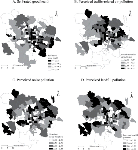 Figure 3. Spatial distribution of self-rated good health and perceived environmental hazard indexes at subdistrict level in urban Beijing.