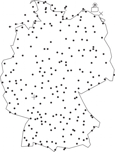 Fig. 2 Map of Germany showing the locations of the 228 synoptic observation stations used in this study. The station at Frankfurt Airport is indicated with +, the station at Greifswalder Oie is indicated with ×, and the station at Kap Arkona is indicated with *.