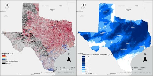 Figure 6. Comparison between NTL radiance change and snow accumulation: (a) spatial distribution of NTL radiance change (D), (b) snowfall accumulation from NOAA National Gridded Snowfall Analysis (72-hour snowfall accumulation) at 12:00 AM, Feb 16, 2021.