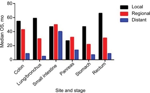 Figure 2 Median OS of NETs by stage.Abbreviations: NETs, neuroendocrine tumors; OS, overall survival.