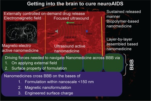 Figure 2 State-of-the-art personalized nanomedicine to cure HIV and neuroAIDS.Abbreviations: HIV, human immunodeficiency virus; neuroAIDS, neuroacquired immunodeficiency syndrome; BBB, blood–brain barrier.