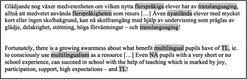 Figure 1. Looping of terminology related to TL and NA (https://hjrtatskogshaga.wordpress.com/2017/04/12/translanguaing-i-praktiken/).