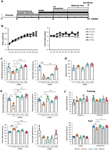 Figure 1. (A) Schematic overview of the in vivo experiment, (B) changes of body weight, food intake, and depressive-like behaviors of mice under UCMS. (C) open-field test, (D) rotarod test, (E) elevated-plus maze test, and (F) social-interaction test. Data are expressed as mean ± SD (n = 8). #Significant difference between N-Con and S-Con (#P < .05, ##P < .005, ###P < .001). *Significant difference with S-Con (*P < .05, **P < .005, ***P < .001).