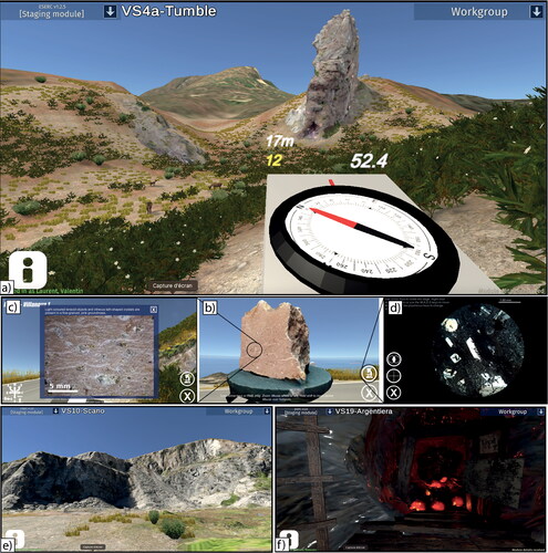 Figure 1. The immersive three-dimensional Virtual Sardinia Fieldwork. a) The ‘Tumble Tor’ field environment where students study a large olistolith. The in-built compass clinometer tool can be used for orientation in the virtual field (52.4 is the direction pointed by the compass, 12 is the angle in degrees at which the compass is pointing and 17 m is the distance walked since the compass clinometer is used). b) 3D model of a hand specimen with scale. Specimen can be rotated to view different angles. c): Hand-lens closeup of lithology allows students to make petrographic analyses. d): Virtual microscope implemented in the VSF. e) The Scano di Montifenno quarry where students can study the petrology and emplacement of an igneous intrusion. f) The Argentiera mine’s tunnel where students conduct underground mapping.