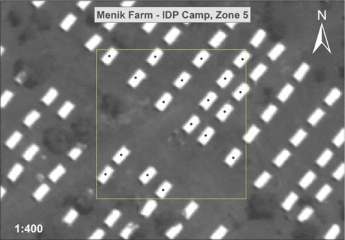 Figure 6.  A randomly selected cell with tents marked as points in a visual interpretation process. WorldView-1 imagery © Digitalglobe 2009, distributed by e-GEOS.
