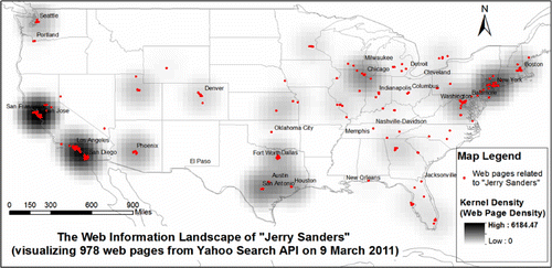 Figure 4. Creating a web information landscape (using kernel density method based upon the modified web page ranks) for the ‘Jerry Sanders’ search result web pages (red dots). GIS parameters: 3 map unit threshold (radius), 0.5 map unit output resolution (1 map unit equals 1 decimal degree).