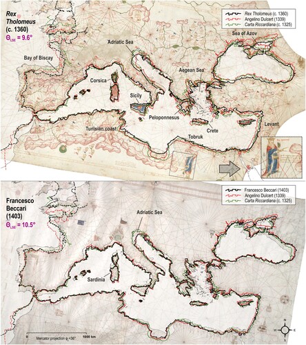 Figure 3. The overlay of the anonymous Rex Tholomeus chart (c. 1360) and its vectorized coastline (the upper part) and the overlay of Francesco Beccari’s 1403 chart and its vectorized coastline (the lower part) with the vectorized coastlines of some of the earlier-made portolan charts. Chart sources: Barry Lawerence Ruderman Antique Maps Inc.; Beinecke Rare Book and Manuscript Library, Art Storage 1980 158. Basemap shapefile source: marineregions.org (Claus et al., Citation2017).