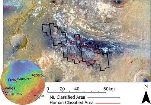 Figure 1. Map of the Mawrth Vallis study area, showing the region on the southern bank of the valley where classification was conducted. The area classified using the Machine Learning approach is outlined in black, while the area mapped by a human is outlined in red. Basemaps: HRSC HMC_11E10_co5 (Gwinner et al., Citation2016) one of the instruments which first detected clays at Mawrth, Mars Global MOLA digital elevation model (Smith et al., Citation2001).