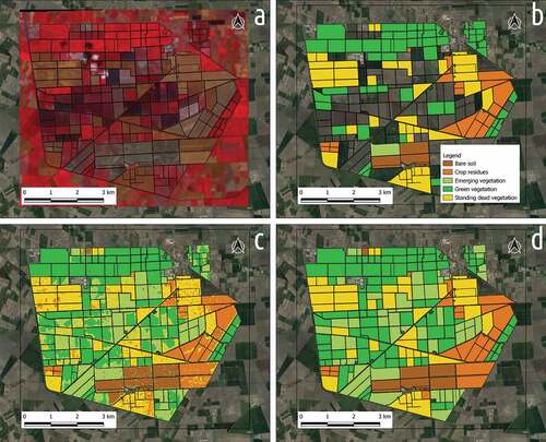 Figure 6. Base map and classification results. (a) PRISMA imagery acquired on 21 June 2021, in standard false color composite (R:NIR, G:RED, B:GREEN). (b) Reference map from field observations; (c) pixel level classification map; and (d) parcel level aggregated map. Legend in (c) and (d) is the same as for (b).