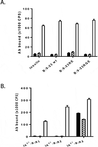 Figure 2. Binding characteristics of mAb757 A. ELISA plates were coated with 2 µg/ml human insulin, or the B:9–23 wt, R3:p8E, R3:p8G, or TT peptides (Table S1). After washing and blocking steps, specific binding of test and control antibodies was determined.Citation18 Binding to mAb757 (black bars), mAb287 (checkered bars; negative control), or AIP-46.12 (open bars; positive control) is shown. B: ELISA plates were coated with 1 µg/ml mAb757 (filled bars), mAb287 (checkered bars) or 10–3.6 (positive control; open bars). After washing and blocking steps, specific binding of biotinylated I-Ag7-B:R1, I-Ag7-B:R2, or I- Ag7-B:R3 complexes was measured by ELISA.Citation18 Data is the mean ±SD of 3 replicates