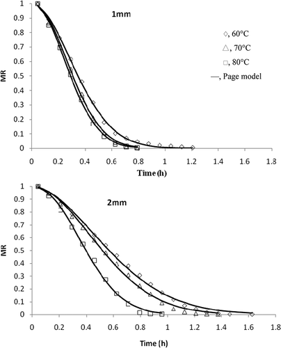 Figure 4 Experimental moisture ratio versus drying time fitted with the page model for 1 and 2 mm thicknesses at various air temperatures.