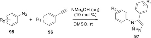 Scheme 17. Synthesis of 1,5-diarylsubstituted 1,2,3-triazoles. Using alkyne dihydropyridines 98 and substituted azides 99, by combining copper acetate and hydrazine hydrate, Bijani et al. successfully constructed a unique, operationally simple, low-cost, and environmentally friendly copper-catalyzed azide alkyne cyclization (CuAAC) process for the synthesis of functionalized triazoles (Citation22) (Scheme 18).