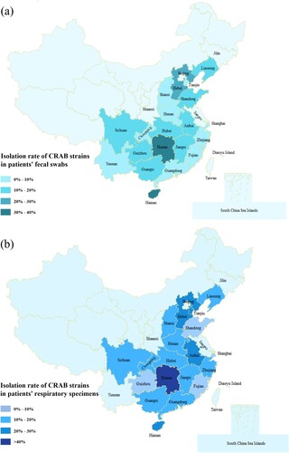 Figure 1. Prevalence of CRAB strains in different provinces of China. (a) The prevalence of CRAB strains recovered from the faecal swabs of patients in different provinces of China. (b) The prevalence of CRAB strains recovered from the respiratory samples of patients in different provinces of China. Different shades of colour represent different prevalence levels of carbapenem resistance.