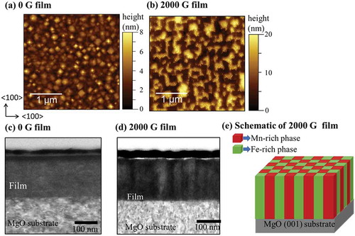 Figure 3. AFM surface morphology of (a) 0 G, (b) 2000 G Mn ferrite thin films, and bright-field (BF) cross-sectional TEM images of (c) 0 G, (d) 2000 G Mn ferrite films, and (e) a schematic of the phase-separated 2000 G Mn ferrite film.