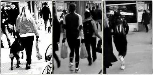 Figure 6. (a) A woman with shopping-bags and a dog. (b) A man dressed as a jogger carrying two distinctive blue shopping-bags. (c) A jogger running with a backpack.