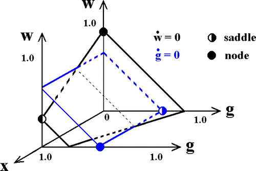 Figure 3. Zero growth isoplanes for the two strains with constant prevalence. Competition along the light black dotted line is indeterminate, there being an infinite number of neutrally stable fixed points. Solid circles (nodes) are attractors; half-filled circles, saddles.