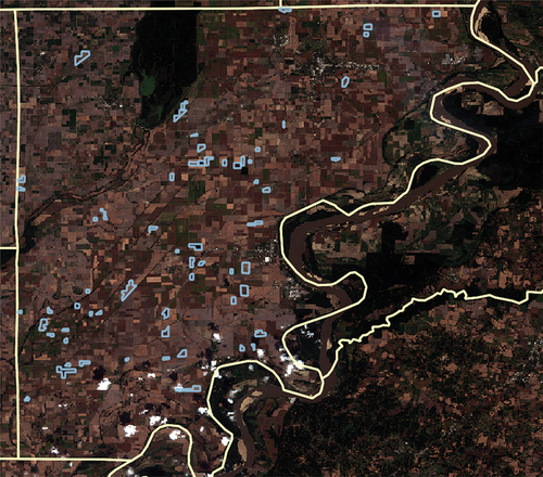 Figure 2. Shown here are all of the hand delineated polygons representative of burned fields in Mississippi County, Arkansas between 19 August 2019 and 23 October 2019 (https://apps.sentinel-hub.com/eo-browser/).