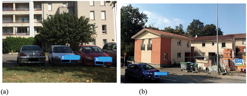 Figure 8. Examples of outputs from the licence plate detector. (a) output from PlateRecogniser LPDS which detected one more license plate (shown in blue) than the OpenALPR and (b) output from PlateRecogniser which shows detection of a licence plate that was identified by LandSense LPDS or the commercial version of OpenALPR. Note the presence of a commission error related to the construction signage on the right hand side of the image.