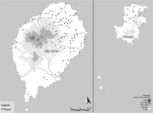 Figure 4. Map of the location of roças on São Tomé and Príncipe (after Courela Citation2019, Fig. 50).