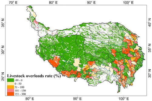 Figure 7 Spatial distribution of livestock overloads rate reflecting animal husbandry exposure in the QTP.