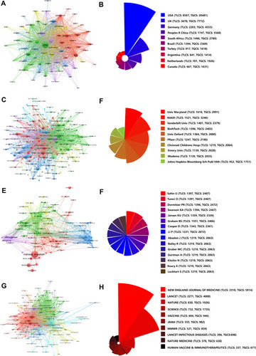 Figure 5 Bibliometric analysis of citations. (A and B) Countries. (C and D) Organizations. (E and F) Authors. (G and H) Journals. (B, D, F, and H) The top 10 most cited countries, institutions, authors, and journals, respectively.