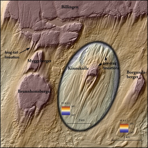 Figure 2. Drumlins that extend from the lee side of the plateau hills are special features on the map (one example is pointed out with an arrow). The flat surfaces of the plateau hills are capped with dolerite. The oval inset shows highly elongate drumlins on top of Kinnekulle. Also note ‘pre-crag’ drumlins on the up-ice side of Kinnekulle (arrows). The extent of the figure is displayed in Figure 1(B).