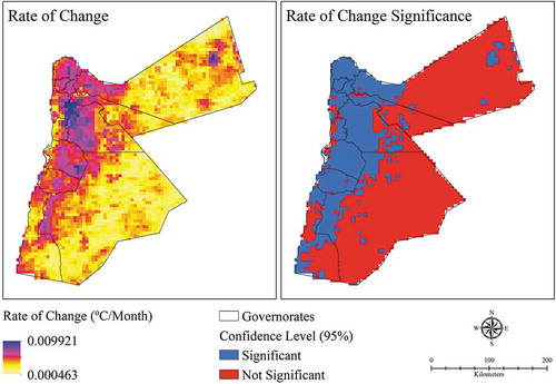 Figure 5. The results of applying simple linear regression using the method of least squares on every pixel of the 227 maps showing the spatial distribution of monthly LSTN and constructing confidence intervals at confidence level of 95% for the regression coefficients