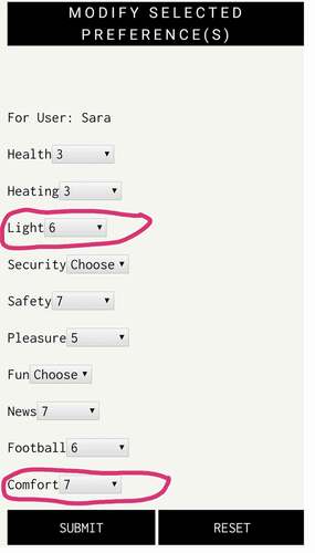 Figure 20. Interface showing that the user prioritized comfort over light.