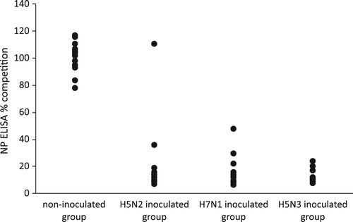 Figure 4. Detection of anti-NP antibodies by competitive NP ELISA. Detection of anti-NP antibodies was performed using a competitive NP ELISA and results are expressed as % of competition. Group 1 is the non-inoculated control group with non-inoculated canaries; group 2: the canaries inoculated with the H5N2/chicken virus; group 3: the canaries inoculated with the H7N1/chicken virus and the group 4: the canaries inoculated with the H5N3/wild mallard virus.