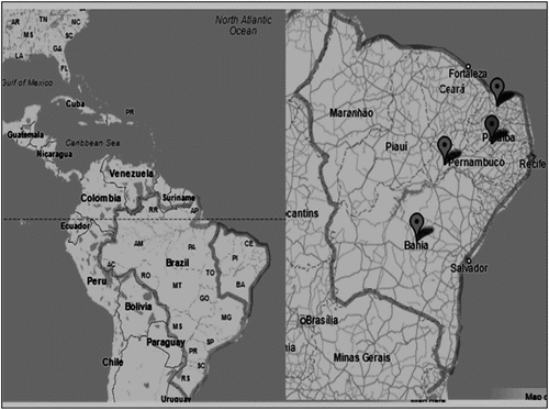 Figure 2. Pernambuco, Paraíba, Rio Grande do Norte and Bahia states of northeast Brazil.