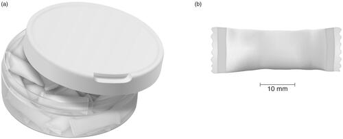 Figure 1. An artist’s illustration of a typical nicotine pouch. (a) As sold in container with lid. (b) Individual pouch.