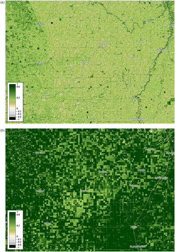 Figure 2. NDVI maps of the MB experimental site near the towns of Carman and Elm Creek derived from Sentinel-2 images acquired on (a) 10 May 2021 and (b) 24 July 2021.