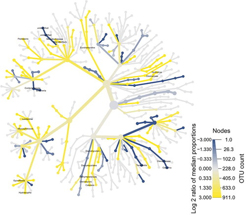 Figure 9. Heat tree showing the abundance of fungal genera with p < 0.05 based on the plant’s status (alive and dead). The color represents the percent of operational taxonomic units (OTUs) assigned to each taxon (blue represents an alive tree and yellow represents a dead tree, respectively). Node diameter is proportional to the out counts and edge width is proportional to the number of reads.