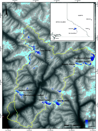 Fig. 1 Map of the Illecillewaet Basin with the Illecillewaet Glacier located to the northeast and the Greeley Hydrometric station located to the southwest (green dot). Glacier polygons from Tobias Bolch, UNBC and 20 m DEM from Parks Canada.