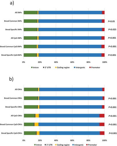 Figure 4. Functional annotation of mutations found among domesticated breeds of chickens and RJF: (a) SNPs; (b) CNVs.