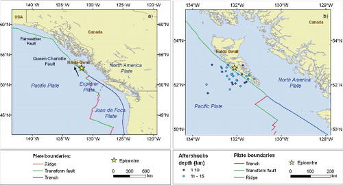 Figure 3. The seismo-tectonics of the Queen Charlotte fault: (a) Location of the Queen Charlotte Fault and plate boundaries; (b) aftershocks of the October 28 earthquake.