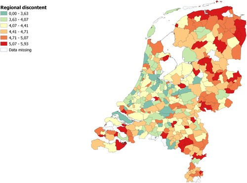 Figure 2. Average score of regional discontent per municipality based on three items (7-point Likert scale). Source: SCoRE.