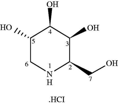 Figure 1. Chemical structure of migalastat hydrochloride (GR181413A/AT1001)/1-deoxygalactonojirimycin hydrochloride).