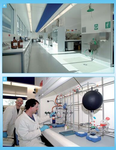 Figure 5. The Cancer Therapeutics CRC Pty Ltd medicinal chemistry laboratories reside in three locations: WEHI Bundoora, MIPS Parkville and Griffith Queensland. (A) The Bundoora labs: only a few years old and well equipped. NMR access is within metres of the main laboratory (shown). (B) Fumehoods are set up with in-house dry nitrogen, compressed air, recirculating chilled water, in-house vacuum and 12-turn needle valves for fine-controlled delivery of gases. As can be seen, this makes chemists happy! The laboratories are equipped with, for example: Bruker 300 MHz UltraShield Avance II NMR Spectrometer with Autosampler, Argonaut Flashmaster II, Waters Alliance Analytical HPLC with an additional ELS Detector, Finnigan LCQ Advantage Max LCMS, Mettler Toledo 12/24 MiniBlock for multiple parallel synthesis, CEM Microwave Reactor, Waters-Micromass ZQ 3100 Mass-directed Auto Purification platform with PDA and quadrupole mass analyser (ZQ detector) and autosampler and automated mass-directed fraction collector, Thales-Nano H-Cube continuous Flow Hydrogenator, Bruker Tensor Fourier Transform IR with ATR Bellingham and Stanley ADP220 Polarimeter, Isco Combi Flash Rf Purification System, CEM Microwave reactor LabMate and CEM Microwave reactor Explorer 24 autosampler and Braun Solvent Purification System.