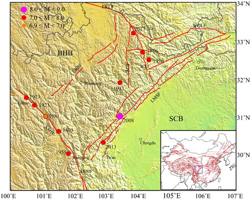 Figure 1. Regional geologic tectonics, major active faults configuration and strong earthquakes distribution, in which, BHB: BayanHar block; LMSF: Longmenshan fault; MJF: MinJiang fault; XSHF: XianShuiHe fault; LRBF: LongRiBa fault; ANHF: AnNingHe fault; HYF: HuYa fault; QCF: Qingchuan faultEKLF: Eastern KunLun fault; WQLF: Western qinling fault.