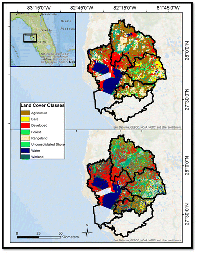 Figure 2. Top panel: USGS map representing land use classes for 1970–1985. Bottom panel: C-CAP map representing land use classes during the three-year period centered on 2010 (2009–2011).